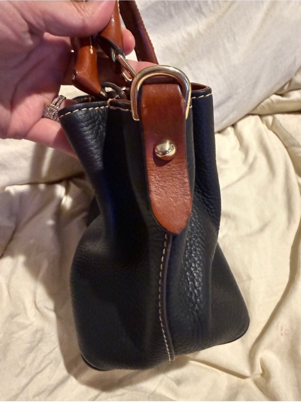 Dooney & Bourke Black Pebble Leather Satchel Handbag Brown Trim - Picture 8 of 13
